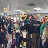 Having fun in the office with Swoop the Philadelphia Eagles Mascot